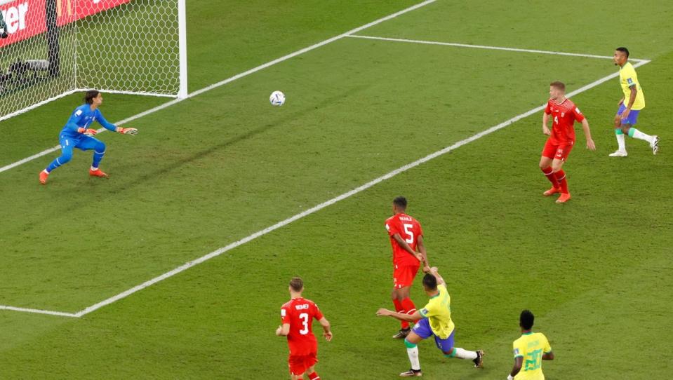 Casemiro slashes a half-volley home to break the deadlock (EPA)