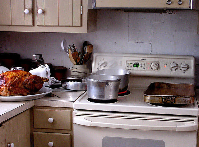 See how the turkey is shoved off to the side, getting ignored? Do this. For at least 30 minutes. The juices need time to re-absorb into the meat -- which will make it taste way better and also make carving the bird much easier. <br /><br /> Seriously, you can reheat it later or pour hot gravy over it. Let. It. Rest. <i><br /></i>