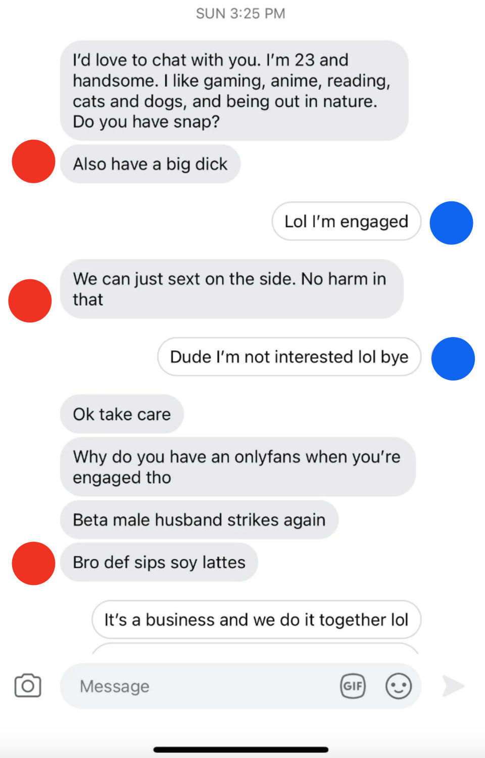 He says "I'm 23 and handsome, like gaming, anime, cats and dogs, nature," and "also have a big dick," and when she says she's engaged, he says they can just "sext on the side"