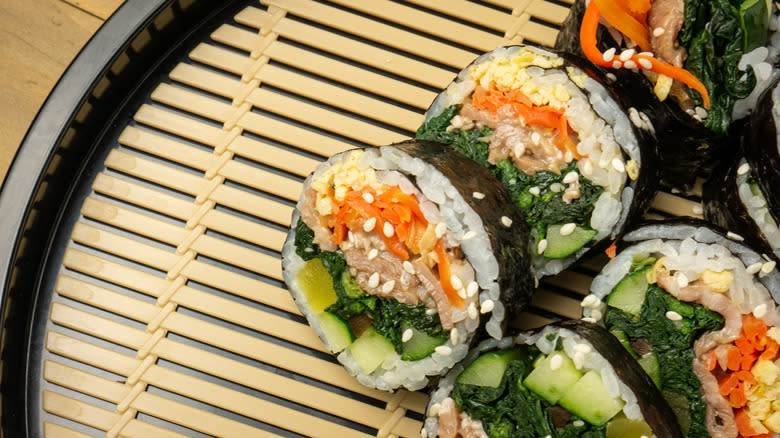 kimbap rolls on bamboo mat