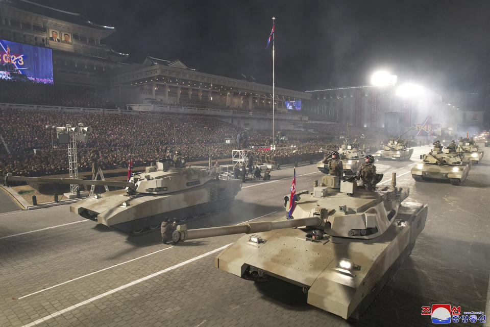 In this photo provided by the North Korean government, a military parade is held to mark the 75th founding anniversary of the Korean People’s Army on Kim Il Sung Square in Pyongyang, North Korea Wednesday, Feb. 8, 2023. Independent journalists were not given access to cover the event depicted in this image distributed by the North Korean government. The content of this image is as provided and cannot be independently verified. Korean language watermark on image as provided by source reads: "KCNA" which is the abbreviation for Korean Central News Agency. (Korean Central News Agency/Korea News Service via AP)