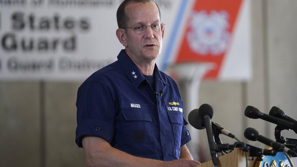 U.S. Coast Guard Rear Adm. John Mauger, commander of the First Coast Guard District, speaks to the media, Monday, June 19, 2023, in Boston. A search is underway for a missing submersible that carries people to view the wreckage of the Titanic. (Steven Senne)