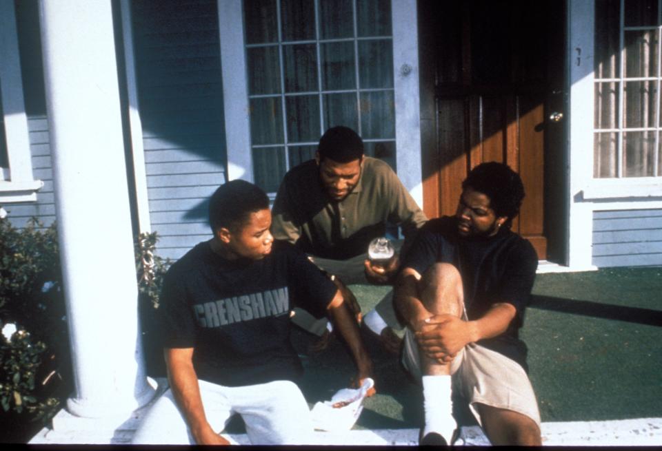 Cuba Gooding, Jr., left, Laurence Fishburne and Ice Cube in a scene from "Boyz N the Hood," which premiered at the 1991 Cannes Film Festival.