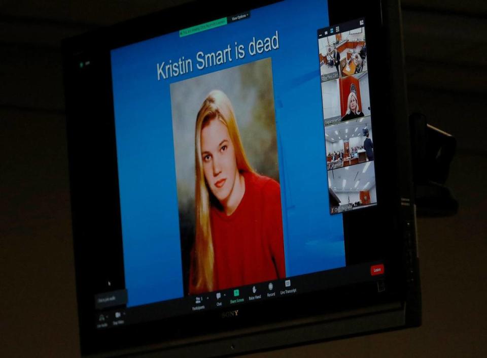 SLO County Deputy District Attorney Chris Peuvrelle shows a slide of Kristin Smart while presenting closing arguments in Ruben Flores’ trial, Wednesday, Oct. 5, 2022.