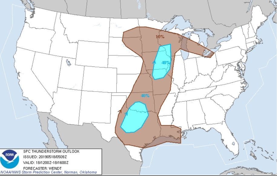 A wide swath of Tornado Alley was facing the likelihood of thunderstorms in this forecast map from the National Weather Service's Storm Prediction Center on May 18, 2019.