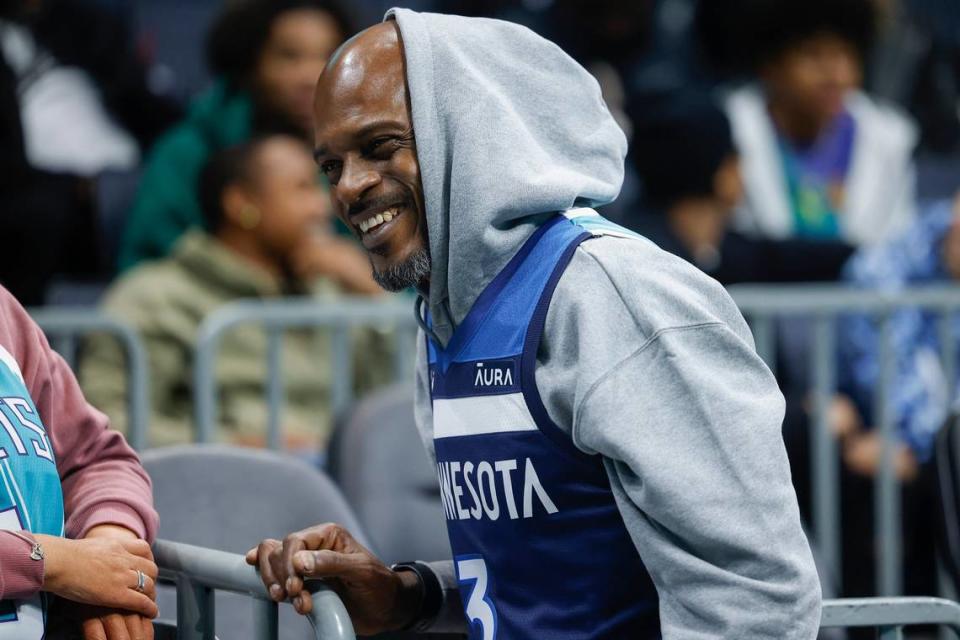 Will McDaniels father of Minnesota Timberwolves forward Jaden McDaniels (3) and Charlotte Hornets guard Terry Rozier (3) waits after a game at Spectrum Center in Charlotte, N.C., Friday, Nov. 25, 2022.