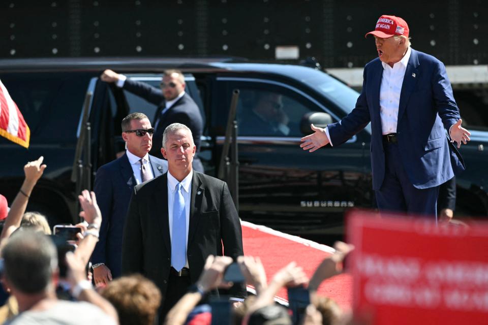 Donald Trump arrives at his Wilmington, North Carolina rally on Saturday afternoon (AFP via Getty Images)