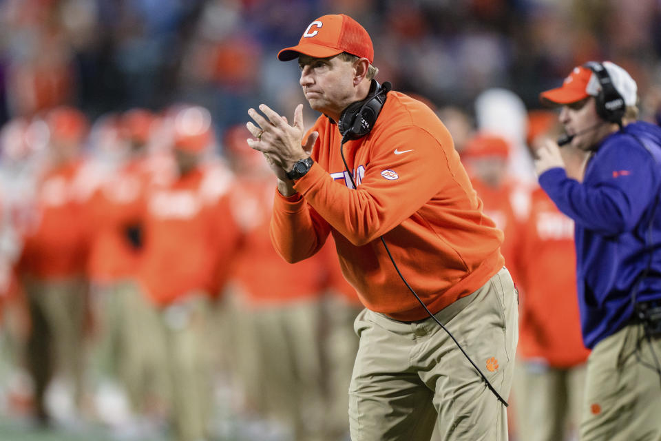 FILE - Clemson head coach Dabo Swinney looks on during the Atlantic Coast Conference championship NCAA college football game against North Carolina on Saturday, Dec. 3, 2022, in Charlotte, N.C. Clemson opens their season on Sept. 4 at Duke. (AP Photo/Jacob Kupferman, File)