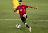 Spain's Sergio Reguilon attempts to control the ball during the UEFA Nations League soccer match between Spain and Ukraine at the Estadio Alfredo Di Stefano stadium in Madrid, Spain, Sunday, Sept. 6, 2020. (AP Photo/Bernat Armangue)