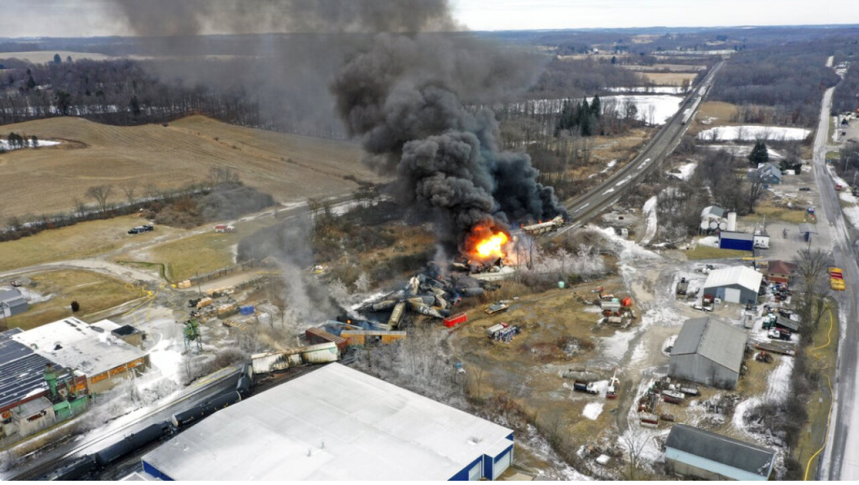 This photo taken with a drone shows portions of a Norfolk and Southern freight train that derailed Feb. 3 in East Palestine at mid-day the next day.