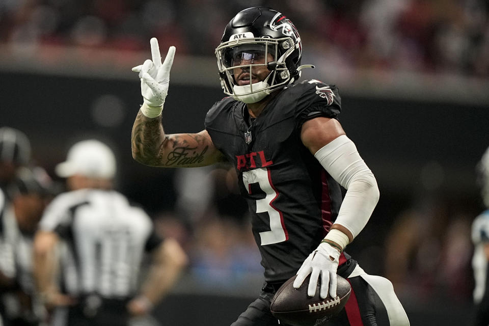 Atlanta Falcons safety Jessie Bates III (3) celebrates his second interception against the Carolina Panthers during the second half of an NFL football game, Sunday, Sept. 10, 2023, in Atlanta. (AP Photo/Brynn Anderson)