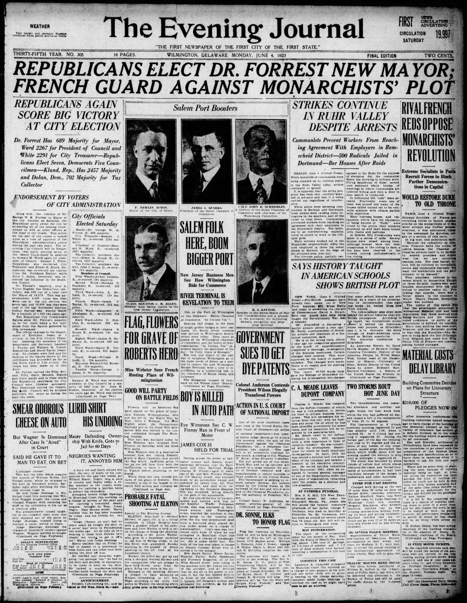 Front page of The Evening Journal from June 4, 1923.
