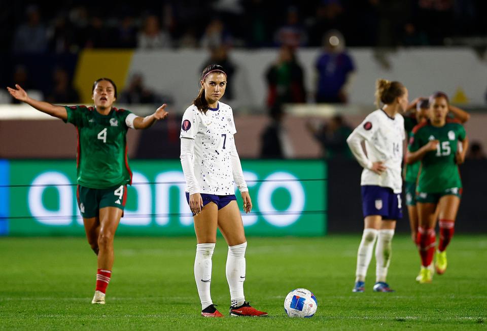 CARSON, CALIFORNIA - FEBRUARY 26: Alex Morgan #7 of United States reacts after a goal by Mexico in the second half during Group A - 2024 Concacaf W Gold Cup match at Dignity Health Sports Park on February 26, 2024 in Carson, California. (Photo by Ronald Martinez/Getty Images)