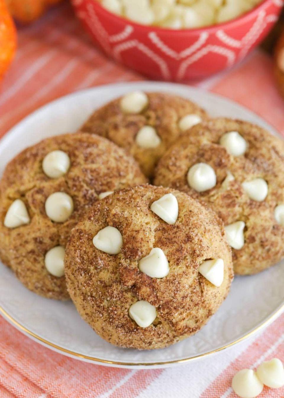 <p>This easy recipe is essentially your classic snickerdoodle but with pumpkin puree and pumpkin pie spice. Delicious!</p><p><strong>Get the recipe at <a href="https://lilluna.com/pumpkin-snickerdoodles/" rel="nofollow noopener" target="_blank" data-ylk="slk:Lil Luna;elm:context_link;itc:0;sec:content-canvas" class="link ">Lil Luna</a>.</strong> </p>