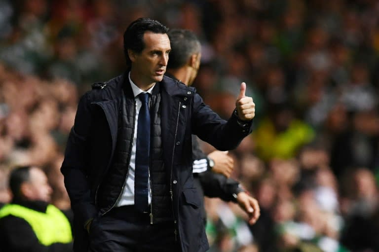 Paris Saint-Germain's head coach Unai Emery gestures on the touchline during their UEFA Champions League Group B match against Celtic, in Glasgow, on September 12, 2017