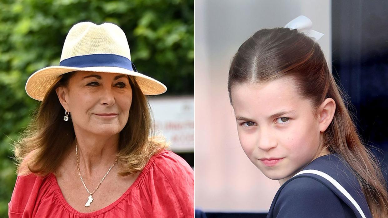 carole middleton in hat and princess charlotte riding in carriage at trooping 