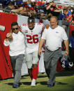 New York Giants running back Saquon Barkley (26) gets helped off the field after getting hurt against the Tampa Bay Buccaneers during the first half of an NFL football game Sunday, Sept. 22, 2019, in Tampa, Fla. (AP Photo/Mark LoMoglio)