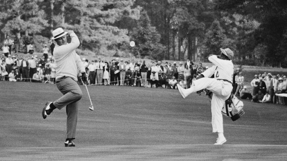 Nicklaus and Peterson celebrate a birdie at the 1966 Masters, a tournament they would go on to win. - Bettmann Archive/Getty Images