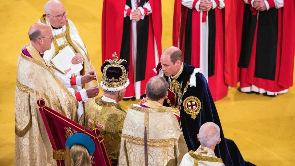 LONDON, ENGLAND - MAY 06: Prince William, Prince of Wales, and King Charles III during his coronation ceremony in Westminster Abbey on May 6, 2023 in London, England. The Coronation of Charles III and his wife, Camilla, as King and Queen of the United Kingdom of Great Britain and Northern Ireland, and the other Commonwealth realms takes place at Westminster Abbey today. Charles acceded to the throne on 8 September 2022, upon the death of his mother, Elizabeth II.