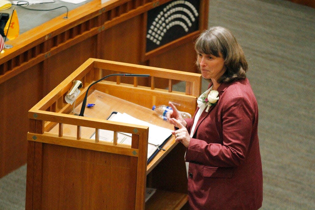 Supreme Court Chief Justice C. Shannon Bacon delivers a State of the Judiciary speech to a joint session of the New Mexico Legislature in Santa Fe, N.M., on Tuesday, Jan. 24, 2023. Bacon urged legislators to be cautious and remember the principle of innocence until proven guilty as they consider toughening the state's bail laws in response to violent crime.