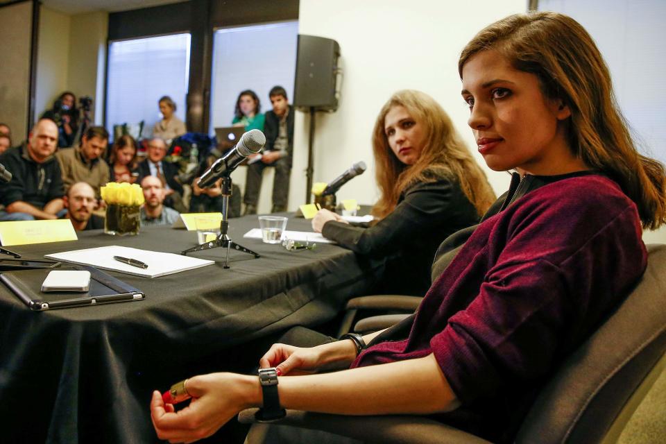 Pussy Riot members Tolokonnikova and Alyokhina hold a news conference in New York