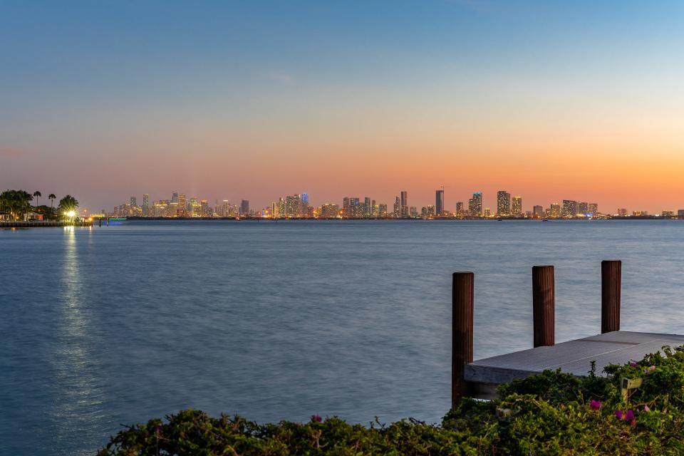 waterfront views at sunset from the most expensive home currently for sale in Florida, 18 La Gorce Circle in Miami Beach