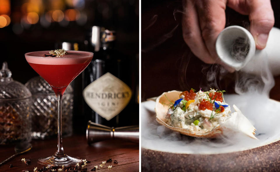 L: Red cocktail sits in front of a Hendricks Gin bottle. R: Chef pours smoke onto a fine dining food dish