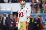 Jimmy Garoppolo #10 of the San Francisco 49ers looks on during the fourth quarter against the Kansas City Chiefs in Super Bowl LIV at Hard Rock Stadium on February 02, 2020 in Miami, Florida. (Photo by Tom Pennington/Getty Images)