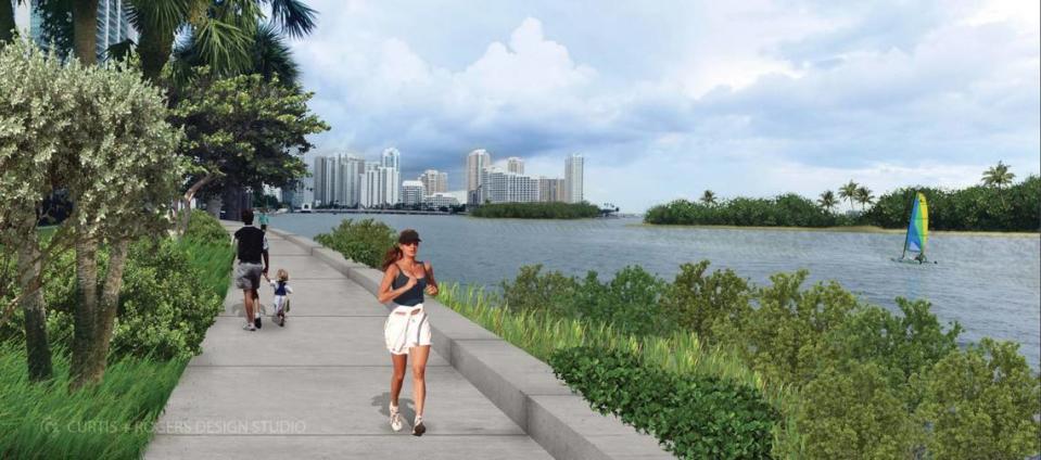 Representación de lo que podría ser una costa diseñada para proteger el downtown Miami en Brickell Bay Drive, en lugar de los muros de tres metros de altura propuestos por el Cuerpo de Ingenieros del Ejército.