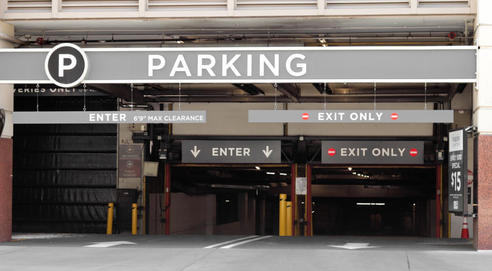 A parking garage entrance