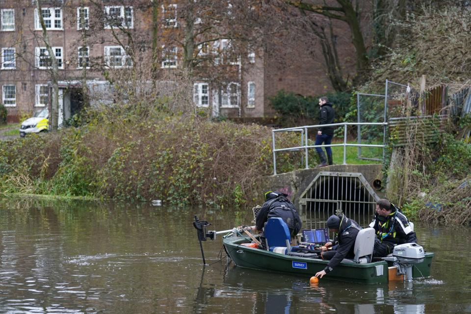 Police search teams working to recover a body from the River Wensum in Wensum Park, Norwich, during the search for Gaynor Lord (PA)