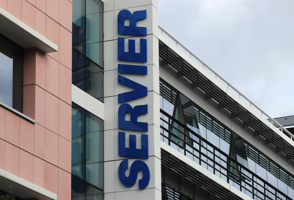 FILE -In this Monday, Sept. 3, 2019 file photo, the logo is pictured of the pharmaceutical giant Servier Laboratoires in Suresnes, outside Paris. French pharmaceutical company Servier Laboratories is facing millions of euros in potential fines after a massive trial around a diabetes drug used as a diet pill. The popular drug, called Mediator, became one of France’s biggest modern health scandals. The trial is wrapping up Monday, July 6, 2020 after more than six months of exceptional proceedings targeting Servier and France’s medicines watchdog. (AP Photo/Michel Euler, File)