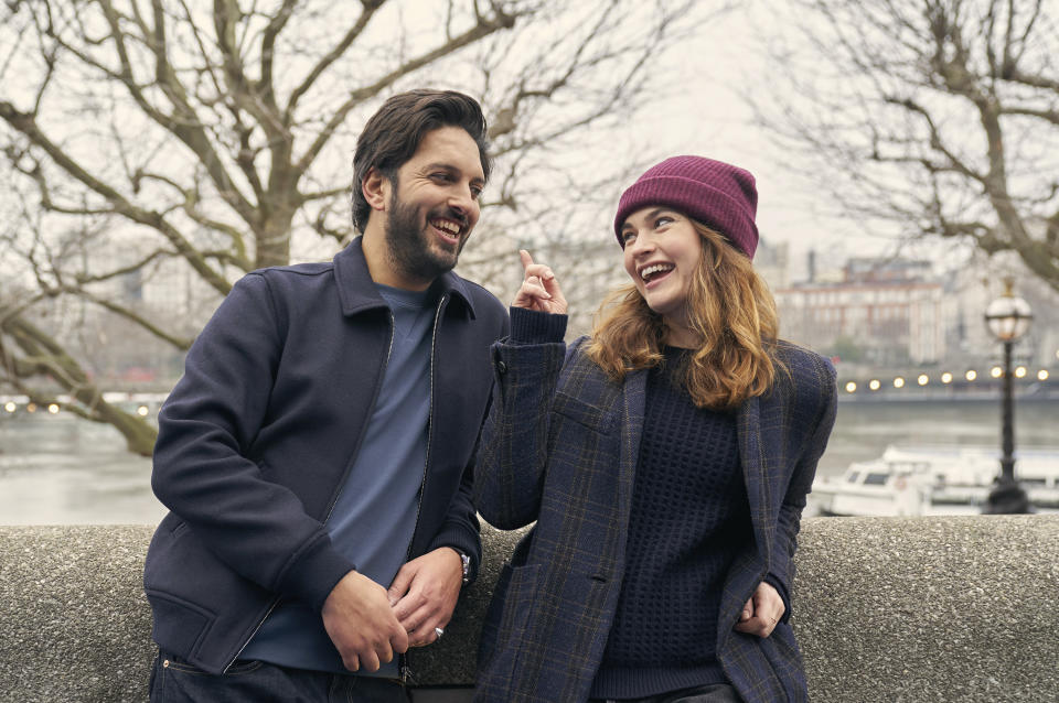 This image released by Shout! Studios shows Shazad Latif, left, and Lily James in a scene from "What's Love Got to Do With It." (Robert Viglasky/Shout! Studios via AP)