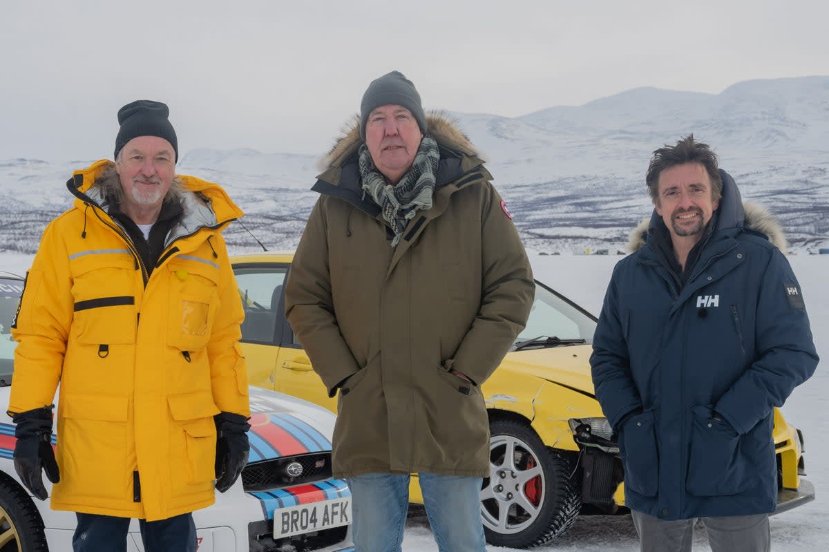 From left: James May, Jeremy Clarkson, and Richard Hammond on location for The Grand Tour   (Amazon Prime Video)