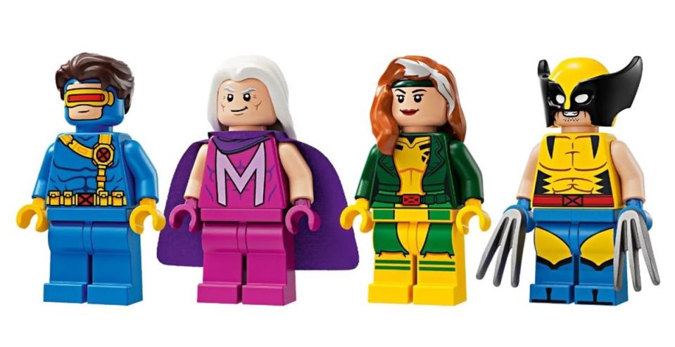 LEGO X-Men '97 minifigures of Cyclops, Magneto, Rogue, and Wolverine.