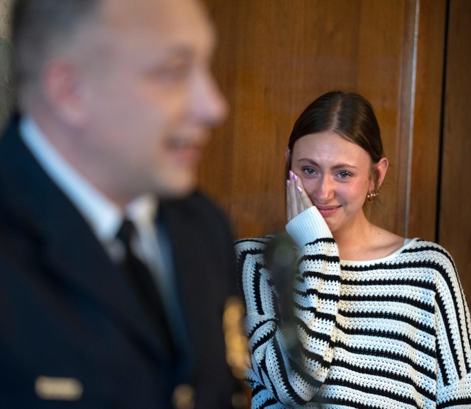 New Chief of the Indianapolis Metropolitan Police Department Christopher Bailey, left, mentions his 15-year-old daughter, Katie Bailey, who gave her blessing as he thought about taking over the new high-profile position. Photo taken Monday, Feb. 12, 2024 during a press conference announcing his new position.