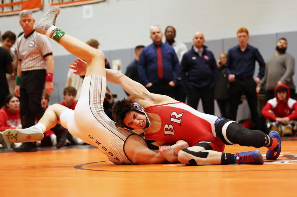 Bridgewater-Raynham's Brent Von Magnus, won the 132 pound finals wrestling match versus Duxbury's Jack Mahoney during Division 2 South Sectionals on Saturday, Feb. 10, 2024.