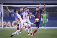 Jul 22, 2017; Arlington, TX, USA; United States defender Jorge Villafan (2) and Costa Rica forward Marco Urena (21) fight for the ball during the first half at AT&T Stadium. Mandatory Credit: Jerome Miron-USA TODAY Sports