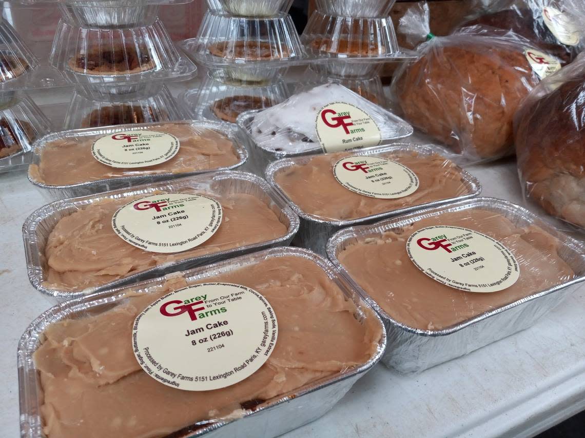 Garey Farms, a vendor at the Lexington Farmers Market, has traditional jam cakes with caramel icing as well as other breads, pastries, jellies and jams for sale, perfect to add a touch of Kentucky to your holiday table.