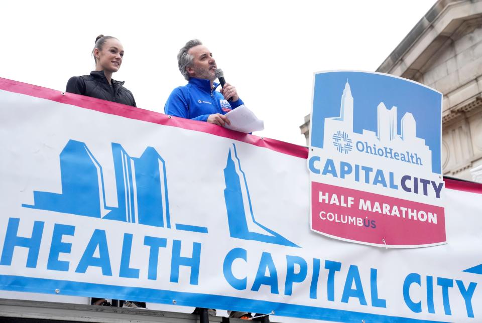 World champion track athlete and Dublin native Abby Steiner was the honorary race director for the OhioHealth Capital City Half Marathon in Columbus on Saturday. She was introduced by official race director David Babner.