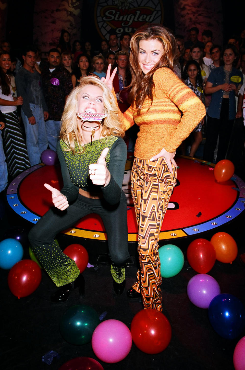 Jenny McCarthy and Carmen Electra during MTV's 'Singled Out with Jenny McCarthy' in 1996.