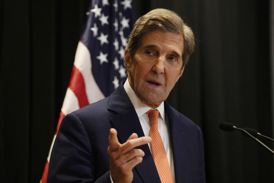 U.S. climate envoy John Kerry speaks during a press conference following a two days meeting with Chinese officials, at a hotel in Beijing, Wednesday, July 19, 2023. China is willing to work with Washington on reducing global warming as long as its political demands are met, the country's vice president told Kerry on Wednesday. (AP Photo/Andy Wong)