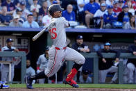 Minnesota Twins' Byron Buxton watches his RBI double during the eighth inning of a baseball game against the Kansas City Royals Saturday, March 30, 2024, in Kansas City, Mo. The Twins won 5-1. (AP Photo/Charlie Riedel)