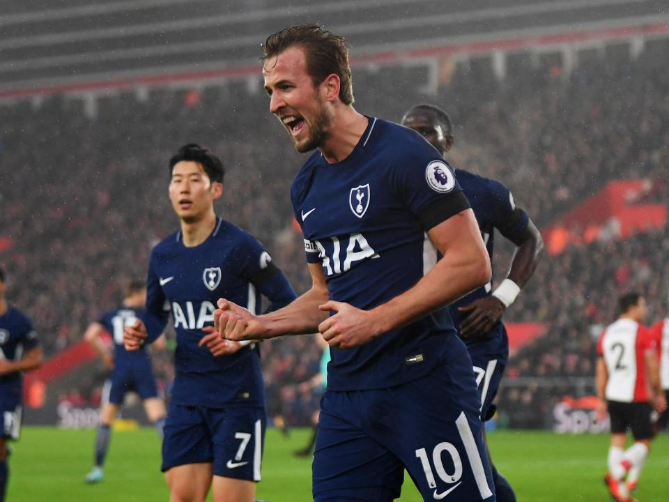 Harry Kane celebrates after scoring Tottenham's equaliser against Southampton: Getty