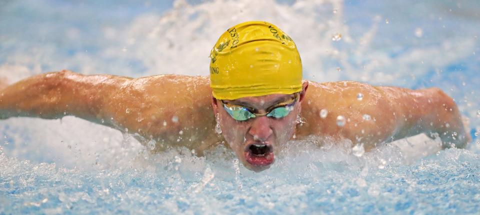 Firestone senior Jonny Marshall competes in the boys 100 yard butterfly during a meet Jan. 24 at Firestone High School.