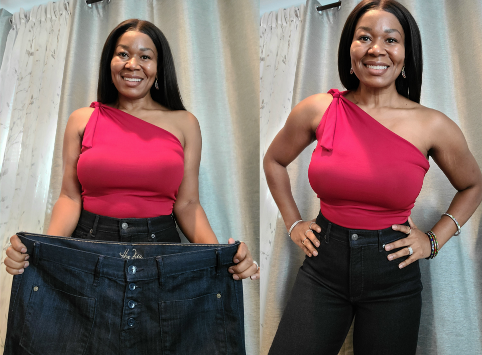 This side by side photo shows  Charleah Torres-Vega holding an old pair of pants that no longer fit following over 70 pounds of weight loss.