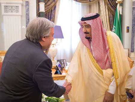 Saudi King Salman shakes hands with U.N. Secretary-General Antonio Guterres in Riyadh, Saudi Arabia February 12, 2017. Picture watermarked from source. Saudi Press Agency/Handout via REUTERS