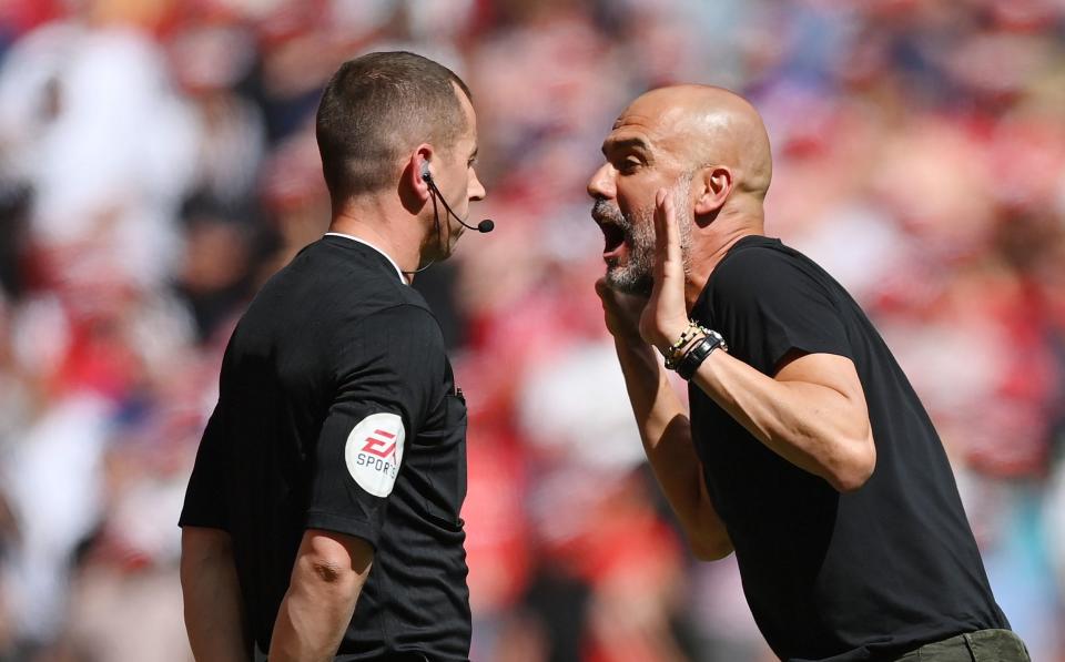 Pep Guardiola, Manager of Manchester City, reacts towards Fourth Official Peter Bankes during the Emirates FA Cup Final - Getty Images/Michael Regan