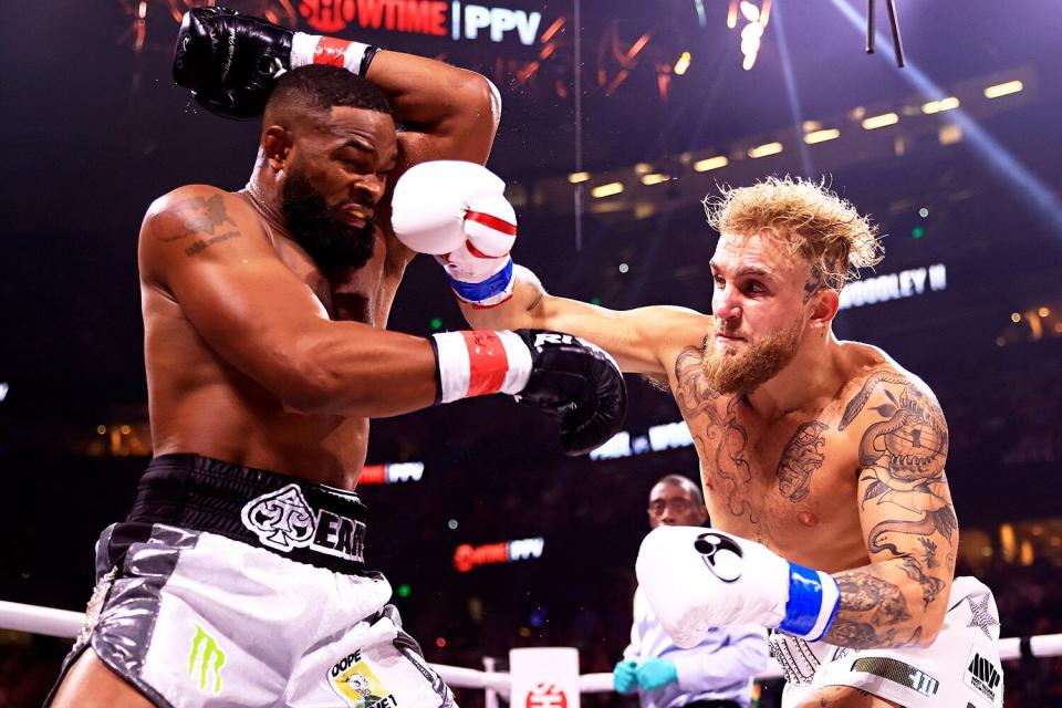 Jake Paul fights Tyron Woddley during a Paul Woodley II on December 18, 2021 in Tampa, Florida.