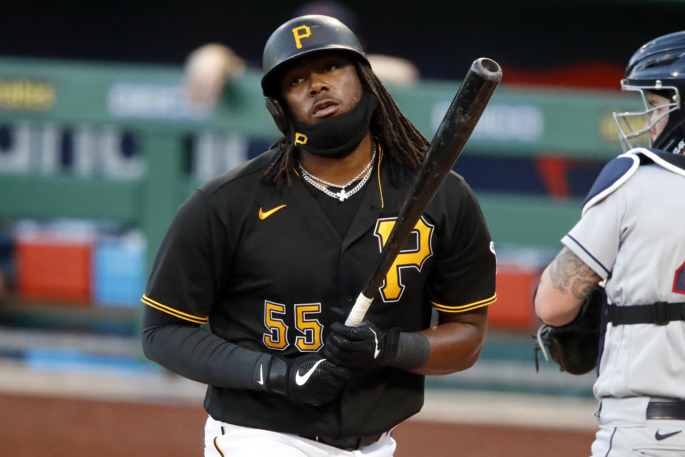 Pittsburgh Pirates' Josh Bell reacts after striking out against Cleveland Indians starting pitcher Shane Bieber in the first inning of a baseball game in Pittsburgh, Thursday, Aug. 20, 2020. (AP Photo/Gene J. Puskar)